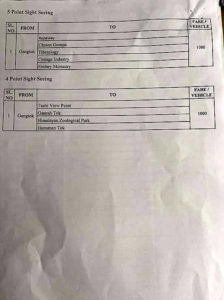 Sikkim local taxi fare rate chart 2021